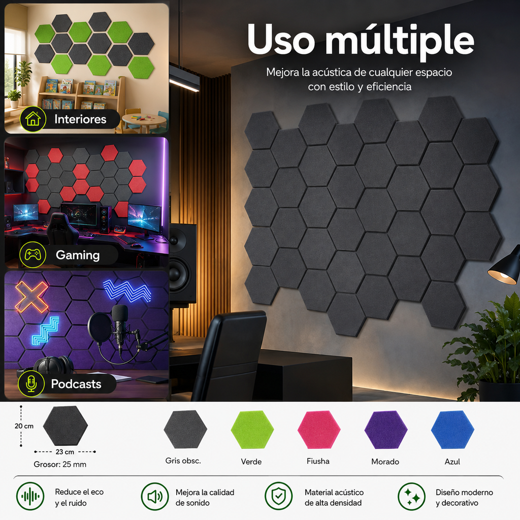 12 Pack Panel Hexagonal Premium 20x23x2.5cm Espuma Acústica