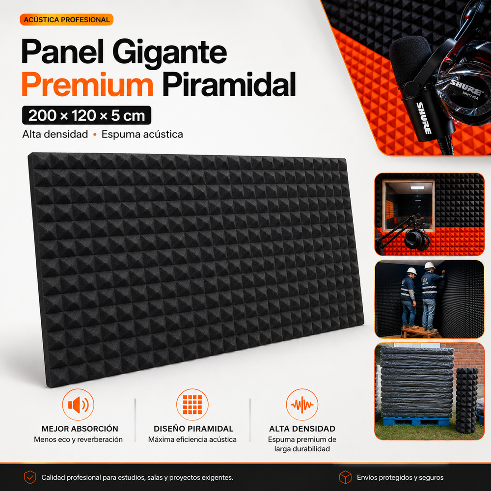 06 Pack Panel Gigante Premium Piramidal 120x200x5 Cm Espuma Acústica