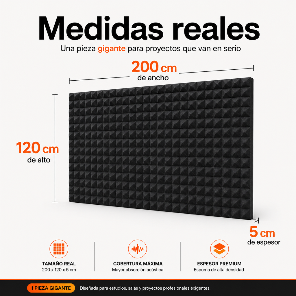 01 pza Panel Gigante Premium Piramidal 120x200x5 Cm Espuma Acústica