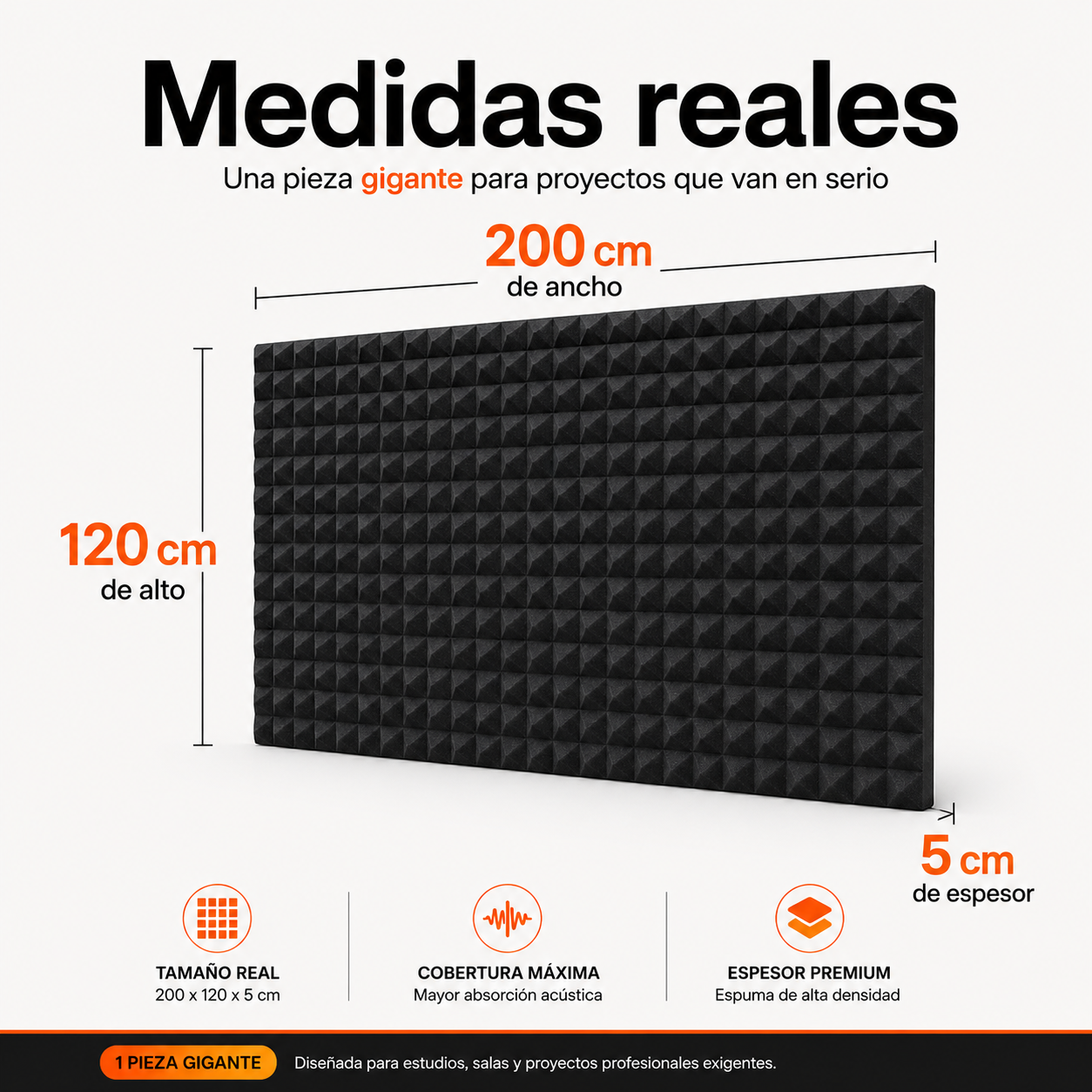 01 pza Panel Gigante Premium Piramidal 120x200x5 Cm Espuma Acústica