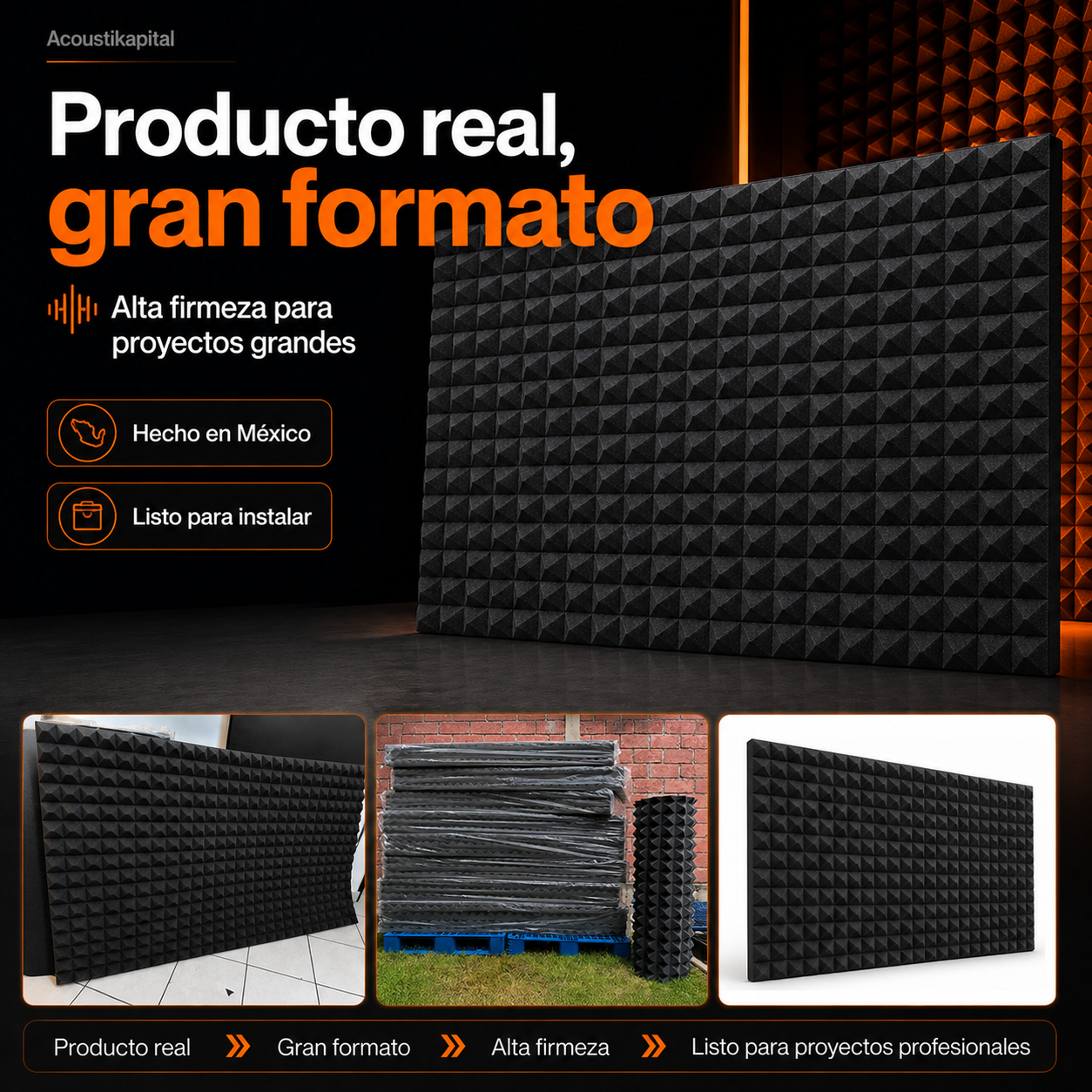 01 pza Panel Gigante Premium Piramidal 120x200x5 Cm Espuma Acústica