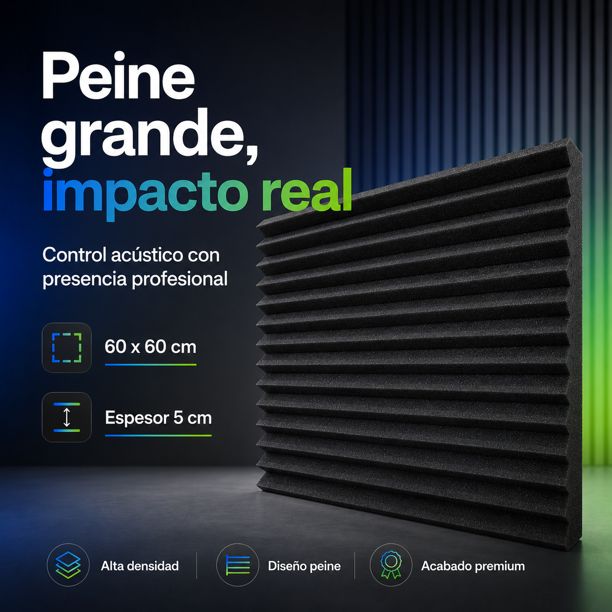 01 pz Panel Grande Premium Peine 60 X 60 X 05 Cm Espuma Acústica